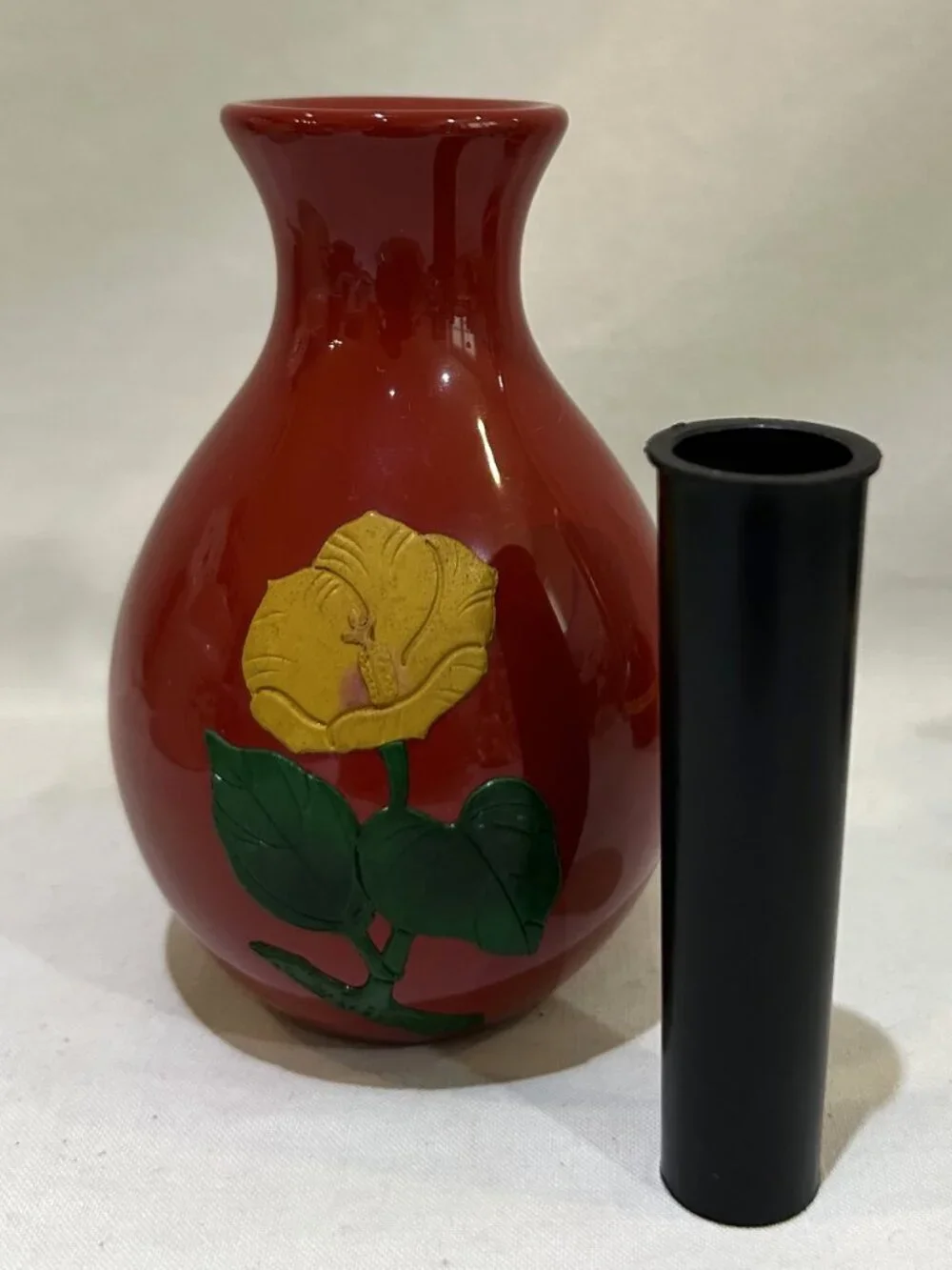 Japanese Red Lacquered Bud Vase Floral Pattern with Plastic Insert